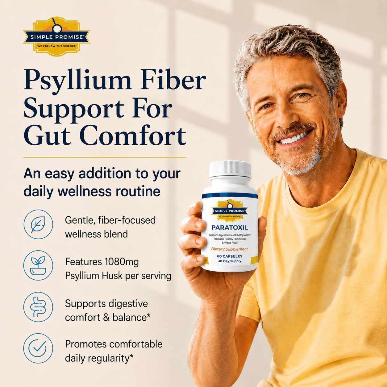 Man holding a Paratoxil bottle highlighting 1080mg of psyllium husk for gut comfort