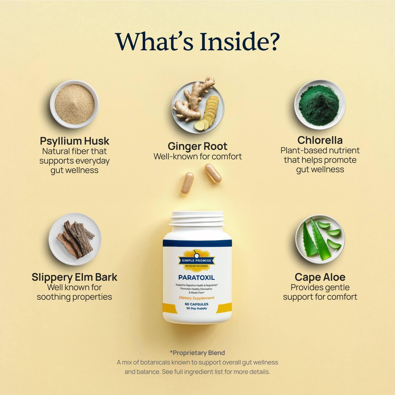 Paratoxil ingredients: psyllium husk, ginger root, chlorella, slippery elm bark and cape aloe